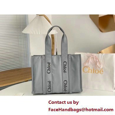 chloe large Woody tote bag in Recycled nylon with Chloe logo gray 2025