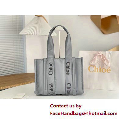 chloe medium Woody tote bag in Recycled nylon with Chloe logo gray 2025