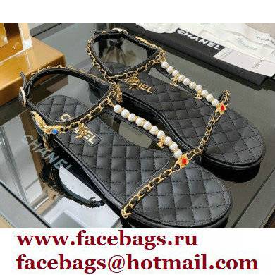 Chanel Chain Lambskin and Jewelry Flat Sandals G38916 Black 2022