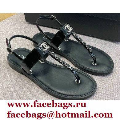 Chanel Chain Patent Calfskin Flat Thong Sandals G38221 Black 2022