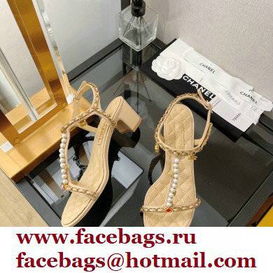 Chanel Heel 5cm Chain Lambskin and Jewelry Sandals Beige 2022