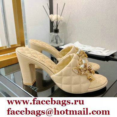 Chanel Heel 8.5cm Chain Lambskin and Jewelry Mules Beige 2022