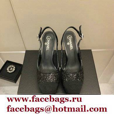 Chanel Heel Platform Slingbacks Glitter Black 2022