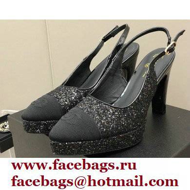 Chanel Heel Platform Slingbacks Glitter Black 2022