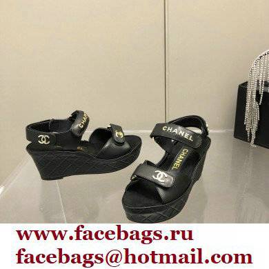 Chanel Logo Wedge Platform Sandals Black 2022