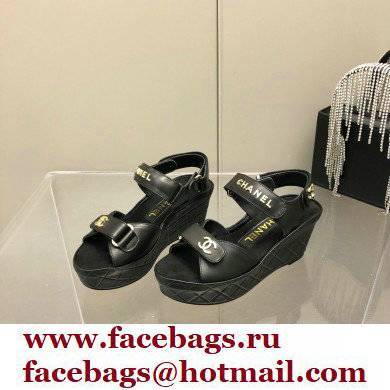 Chanel Logo Wedge Platform Sandals Black 2022