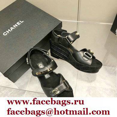 Chanel Logo Wedge Platform Sandals Black 2022