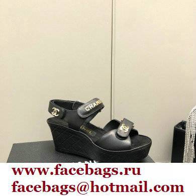 Chanel Logo Wedge Platform Sandals Black 2022