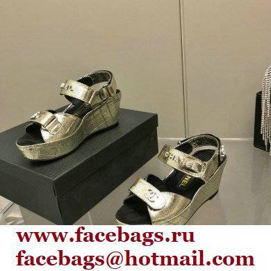 Chanel Logo Wedge Platform Sandals Gold 2022