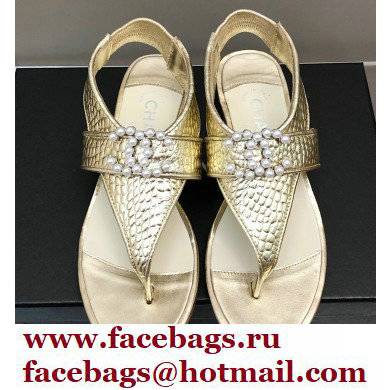 Chanel Pearl CC Logo Thong Sandals Gold 2022