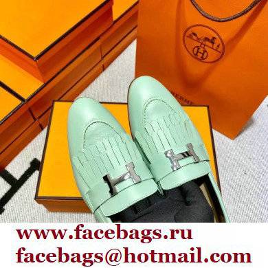 Hermes Leather royal Loafers with fringe mint green