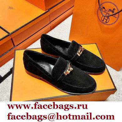 Hermes suede Leather kelly Loafers BLACK