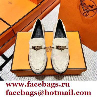 Hermes suede Leather kelly Loafers off white