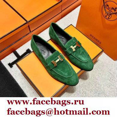 Hermes suede Leather royal Loafers green