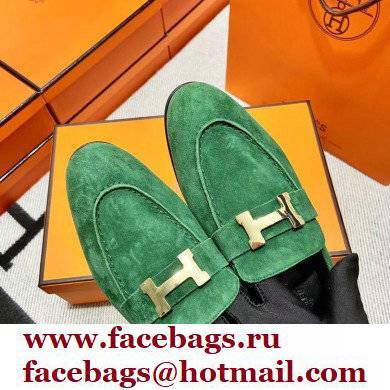 Hermes suede Leather royal Loafers green