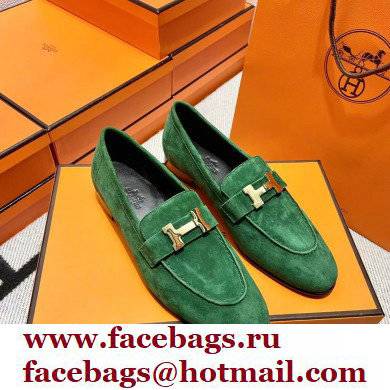 Hermes suede Leather royal Loafers green