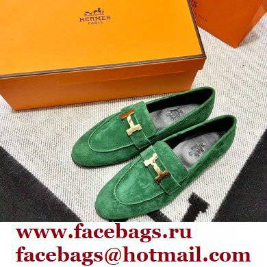 Hermes suede Leather royal Loafers green