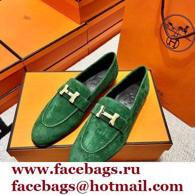 Hermes suede Leather royal Loafers green