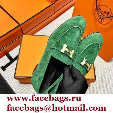 Hermes suede Leather royal Loafers green