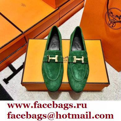 Hermes suede Leather royal Loafers green