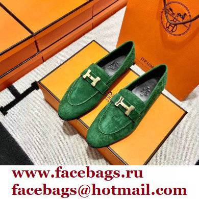 Hermes suede Leather royal Loafers green