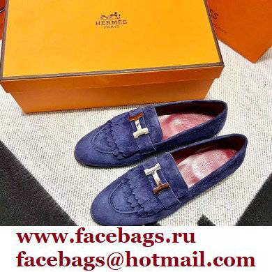 Hermes suede Leather royal Loafers with fringe Blue