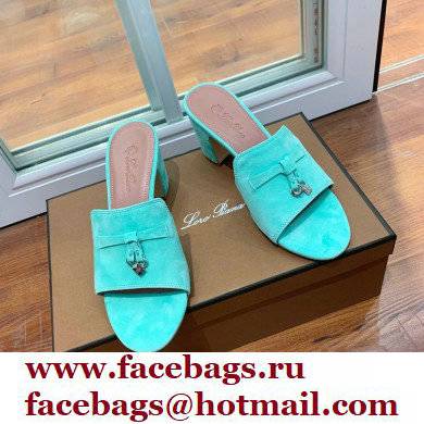 Loro Piana Heel 8cm Suede Goatskin Summer Charms Sandals Turquoise Green