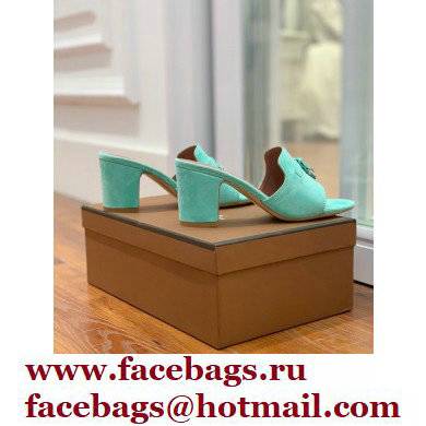 Loro Piana Heel 8cm Suede Goatskin Summer Charms Sandals Turquoise Green