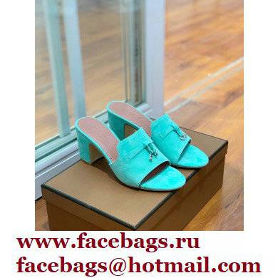 Loro Piana Heel 8cm Suede Goatskin Summer Charms Sandals Turquoise Green