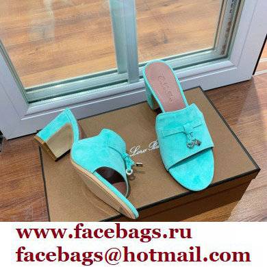 Loro Piana Heel 8cm Suede Goatskin Summer Charms Sandals Turquoise Green