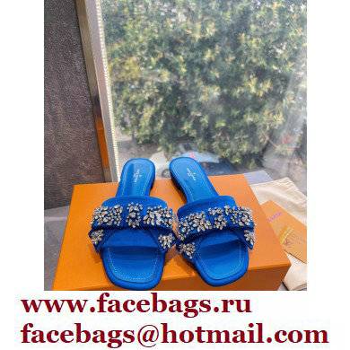 Louis Vuitton Crystal Bow Diva Flat Mules Embroidered Satin Blue 2022