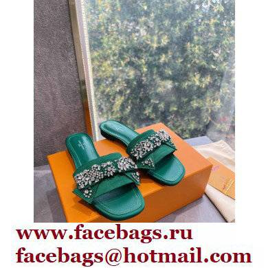 Louis Vuitton Crystal Bow Diva Flat Mules Embroidered Satin Green 2022