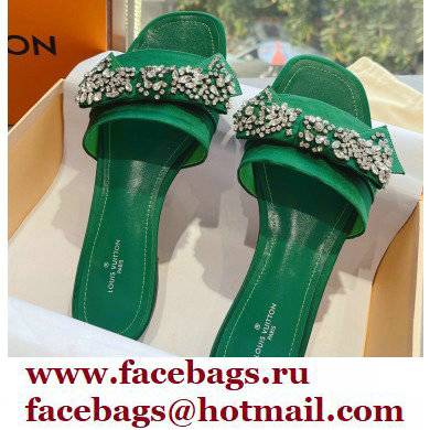 Louis Vuitton Crystal Bow Diva Flat Mules Embroidered Satin Green 2022