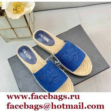 Prada Linen Logo Embroidered Espadrilles Slides Blue 2022