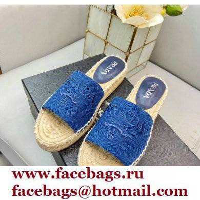 Prada Linen Logo Embroidered Espadrilles Slides Blue 2022