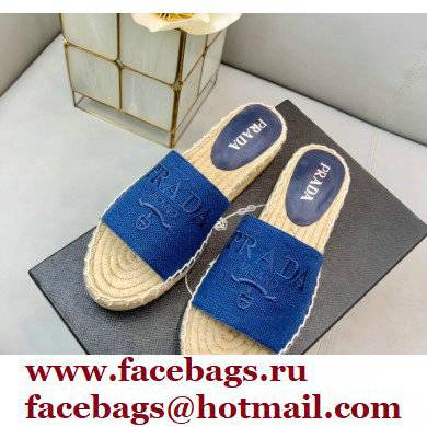 Prada Linen Logo Embroidered Espadrilles Slides Blue 2022