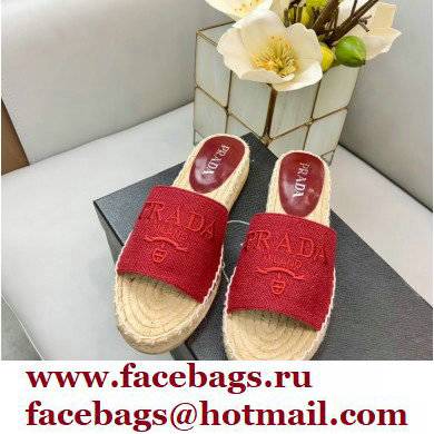 Prada Linen Logo Embroidered Espadrilles Slides Red 2022