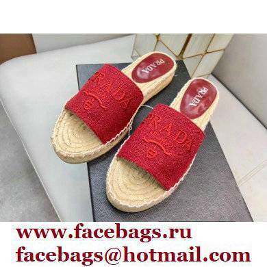 Prada Linen Logo Embroidered Espadrilles Slides Red 2022