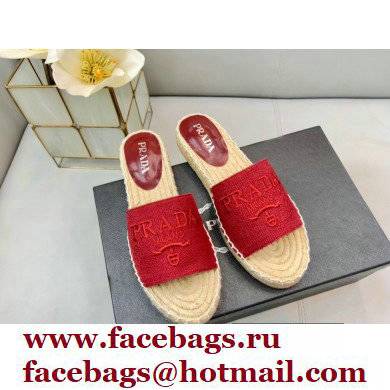 Prada Linen Logo Embroidered Espadrilles Slides Red 2022