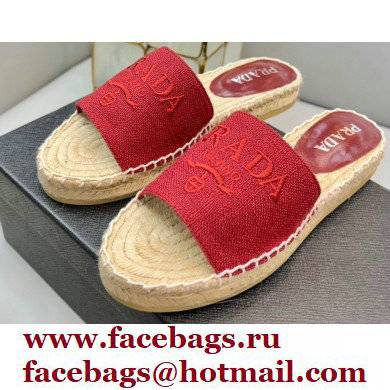 Prada Linen Logo Embroidered Espadrilles Slides Red 2022