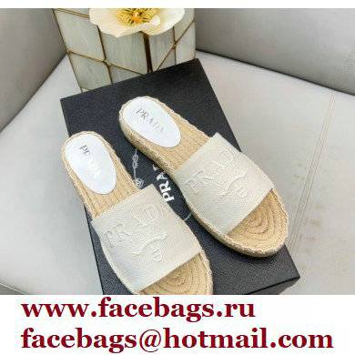 Prada Linen Logo Embroidered Espadrilles Slides White 2022