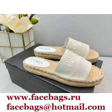 Prada Linen Logo Embroidered Espadrilles Slides White 2022