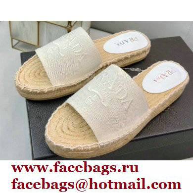 Prada Linen Logo Embroidered Espadrilles Slides White 2022