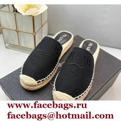 Prada Linen Logo Embroidered Espadrilles Slippers Black 2022