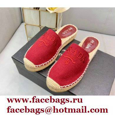 Prada Linen Logo Embroidered Espadrilles Slippers Red 2022