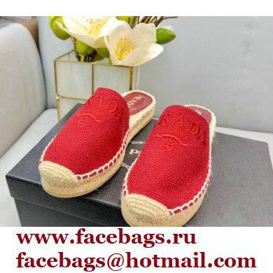 Prada Linen Logo Embroidered Espadrilles Slippers Red 2022