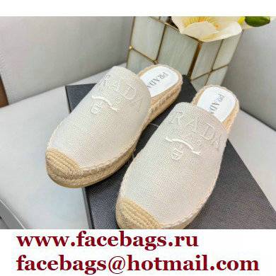 Prada Linen Logo Embroidered Espadrilles Slippers White 2022