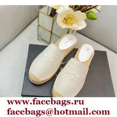 Prada Linen Logo Embroidered Espadrilles Slippers White 2022