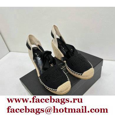 Prada Linen Logo Embroidered Platform 8cm Wedge Espadrilles Black 2022