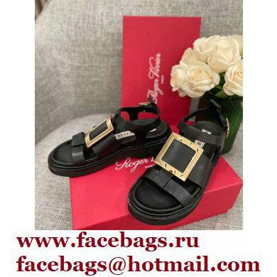 Roger Vivier Viv' Rangers Metal Buckle Sandals in Leather Black 2022